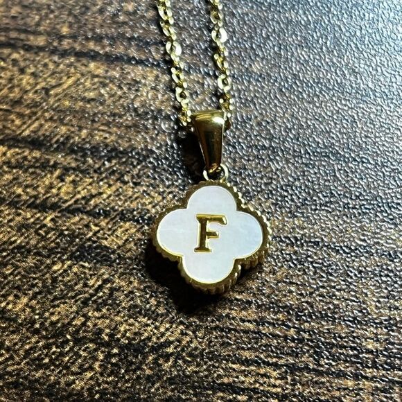 14K Gold Plated Stainless Steel Initial Necklaces “F” Four Leaf Clover Necklace - Picture 3 of 11